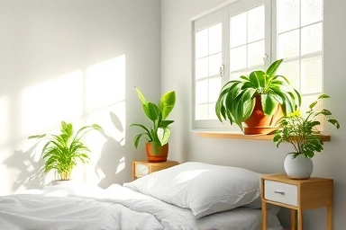 Serene bedroom with air purifying plants for better sleep.